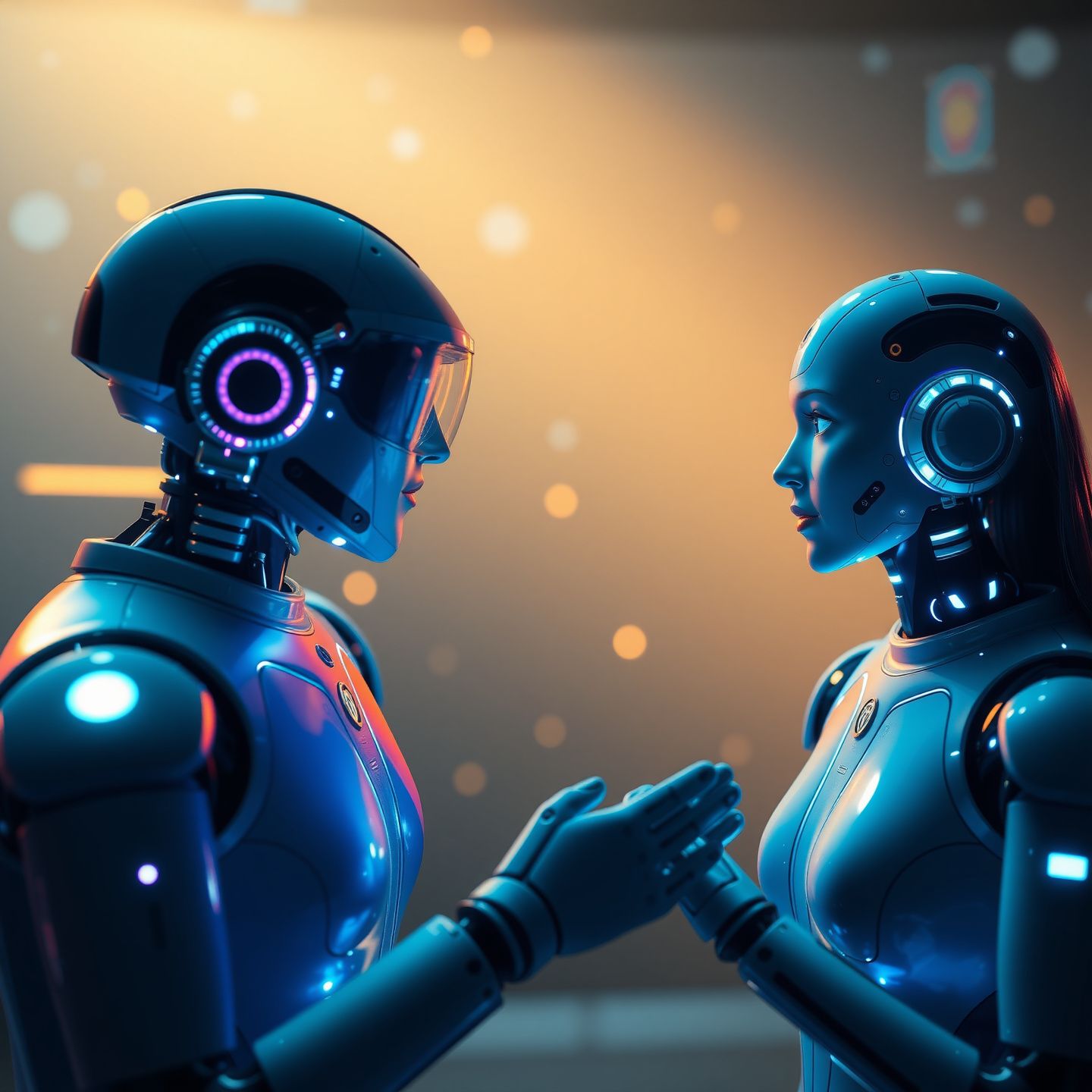 A futuristic scene showing the evolution of AI companionship from simple chatbots to sophisticated virtual partners designed for deep engagement and personalized interaction addressing human needs for connection in a digital realm