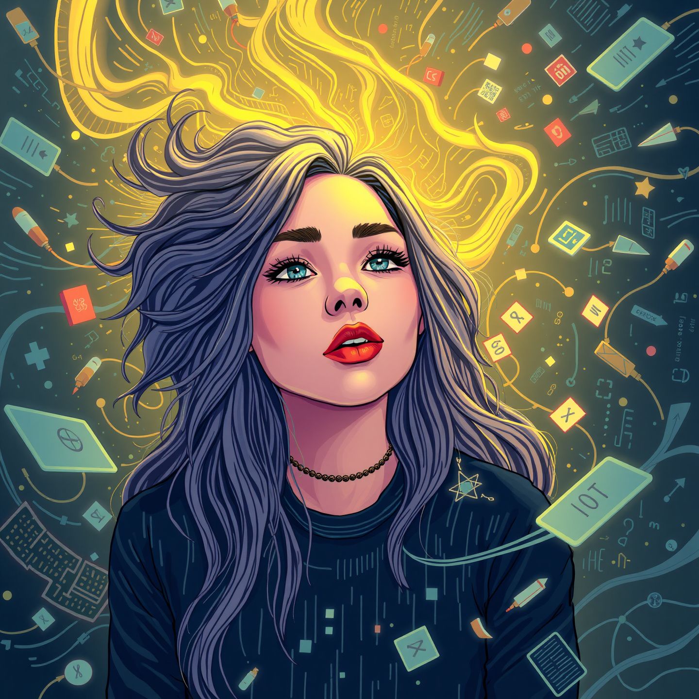 An intriguing illustration of internet personality Grace Charis surrounded by swirling digital data and whispers, representing online discussions about content leaks and digital privacy challenges in a dynamic landscape of celebrity and exclusive content