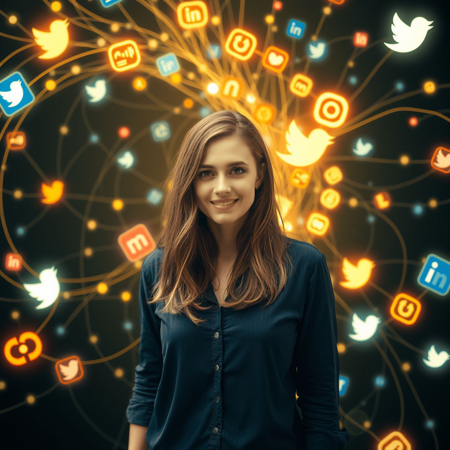 Rachel Pizzolato standing confidently amidst a swirling network of digital data and glowing social media icons, symbolizing her complex online presence and influence in science and media