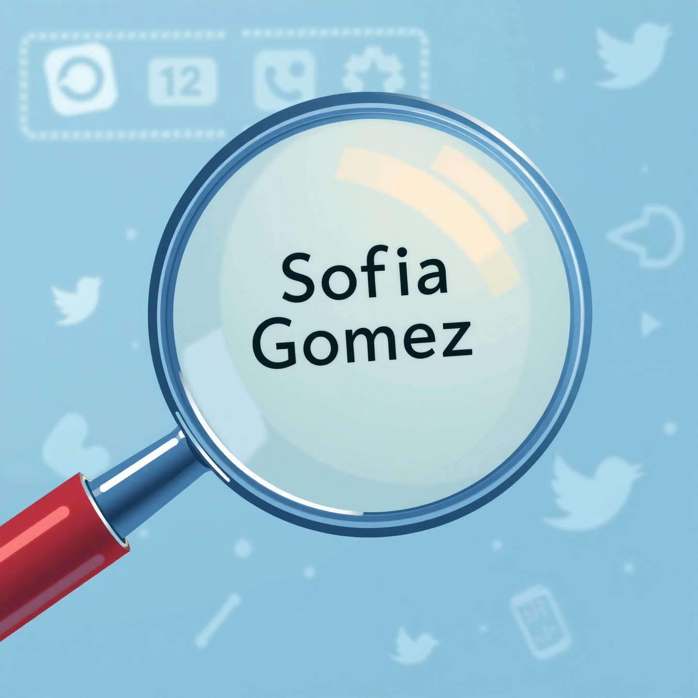 A digital magnifying glass examining swirling online rumors around a public figure's name Sofia Gomez with subtle background elements hinting at social media icons and information streams in an illustrative style