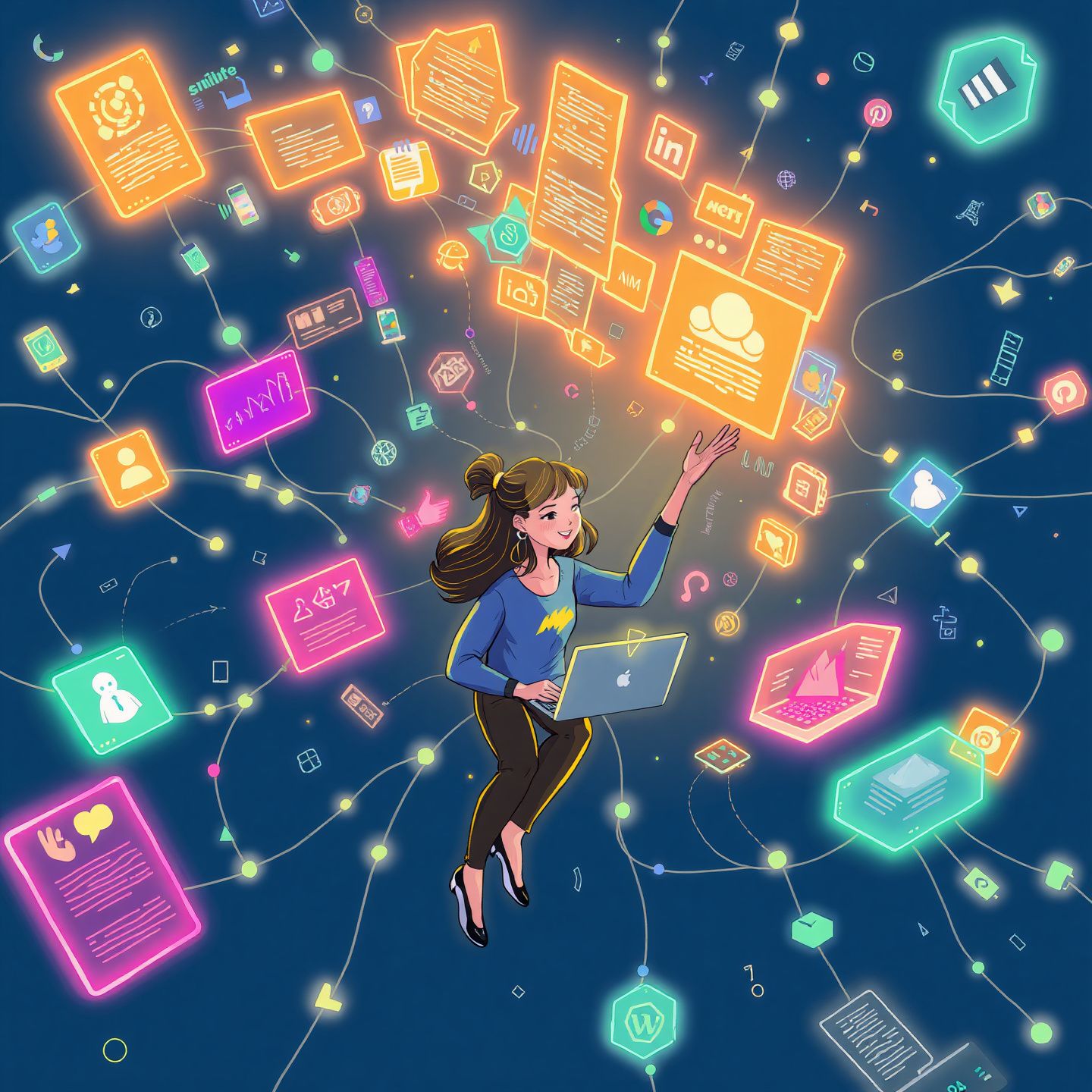 Digital creator ellybabyxoxo managing her interconnected online platforms in a tech-inspired scene