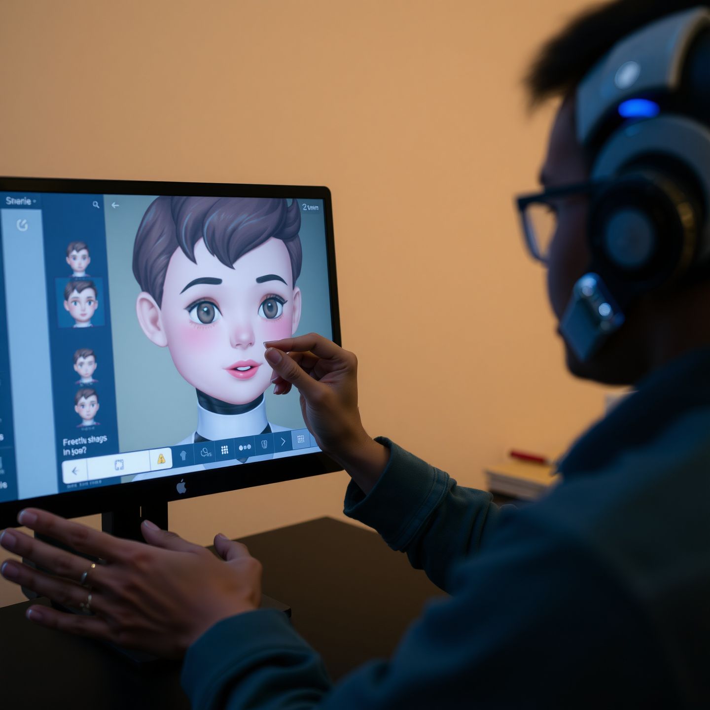A user meticulously customizing an AI companion's appearance and personality on a screen while the AI displays dynamic emotional responses and empathetic understanding