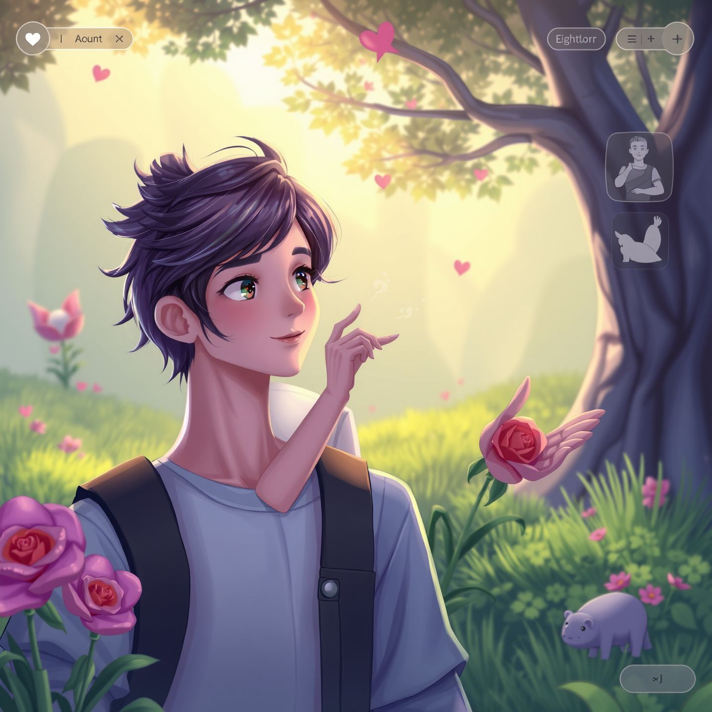 An imaginative scene illustrating a user customizing their AI companion's appearance and personality while engaging in dynamic roleplay scenarios like romantic encounters or adventurous escapades in a vibrant digital world