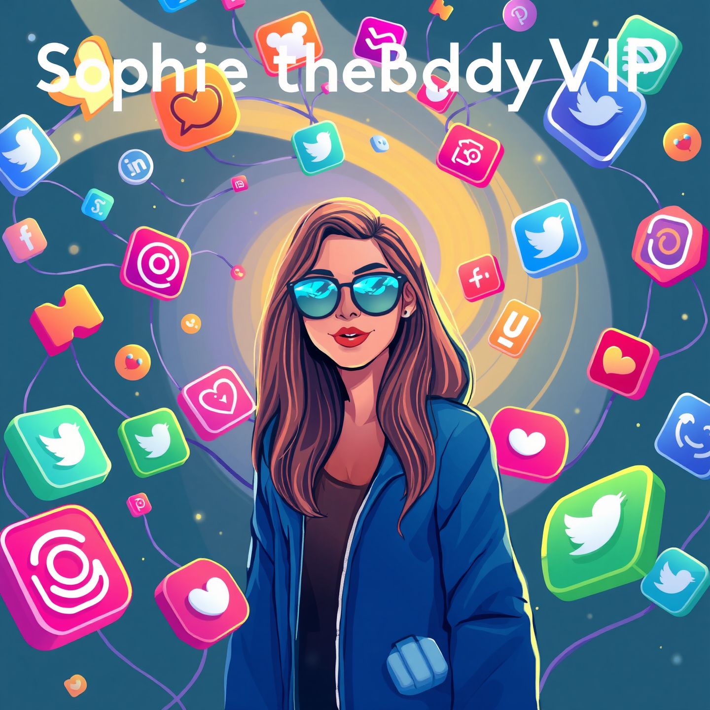 An illustrative image of SophieTheBodyVIP as a prominent digital personality amidst a swirling network of social media icons representing the modern creator economy and digital landscape with vibrant colors and a futuristic touch