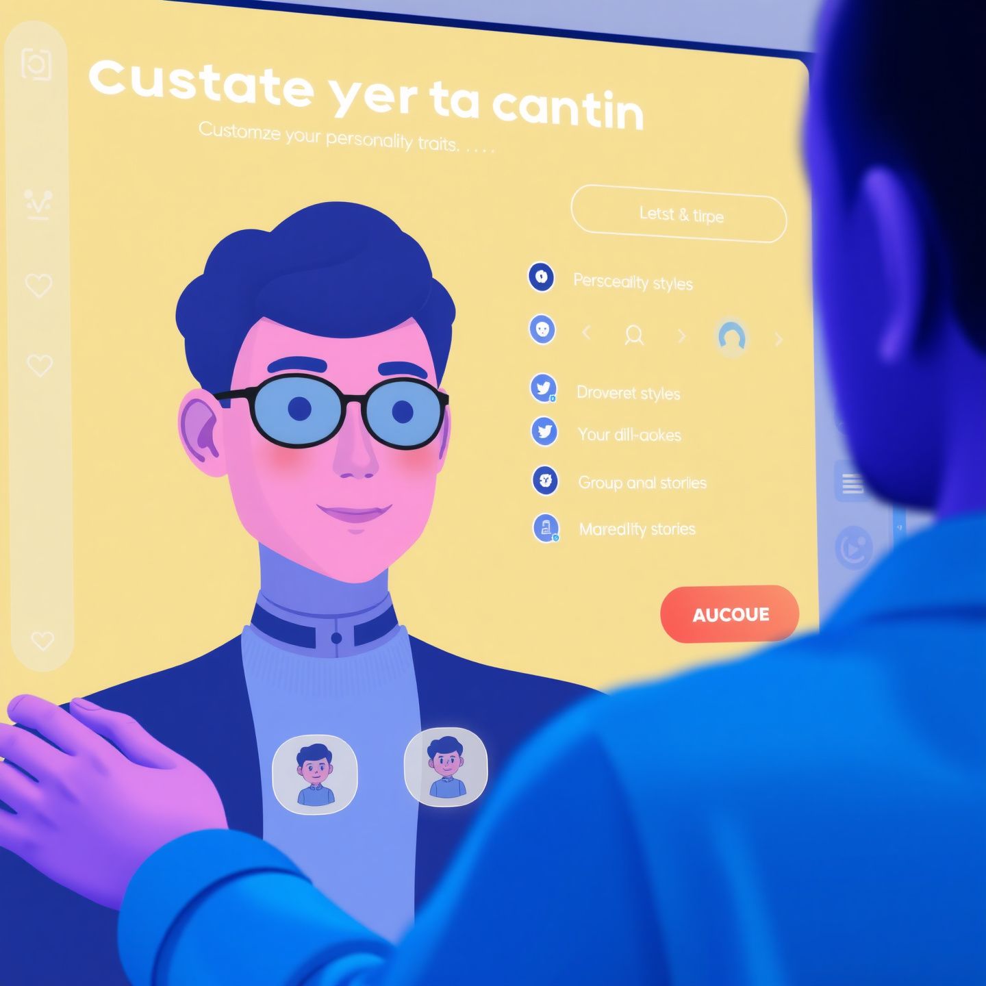A user customizing their AI companion on a sleek interface selecting personality traits conversational styles and background stories creating a truly personalized virtual partner in a vibrant digital space