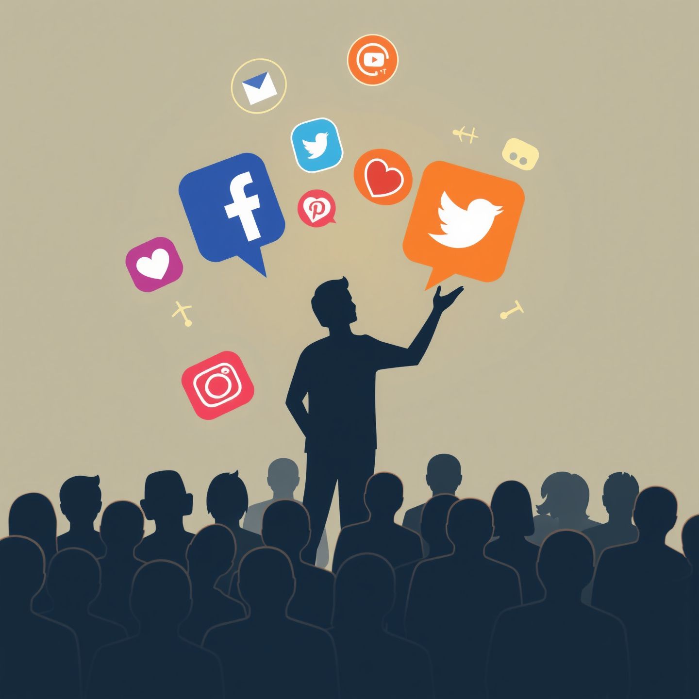 A stylized depiction of a digital creator's public persona with a subtle silhouette of a person interacting with abstract social media icons and a growing audience represented by faint glowing figures showcasing strategic brand building and community engagement in a competitive online environment