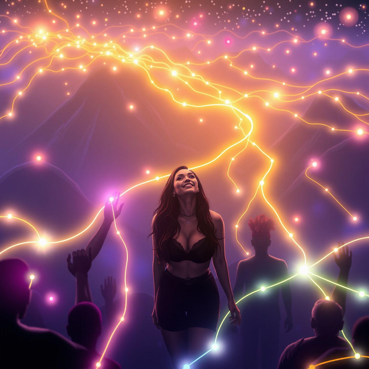 A vibrant digital landscape with glowing lines connecting diverse content creators and their audiences symbolizing the evolving creator economy and the rise of platforms like OnlyFans where Urgirlvalentina gains widespread attention