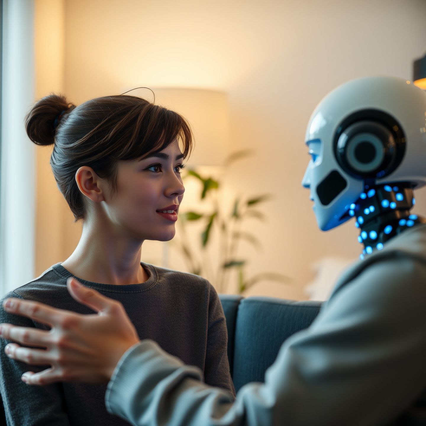 A close-up of a person engaging in a deeply realistic conversation with an AI companion showing nuanced emotional responses and dynamic human-like interaction in a comfortable modern environment