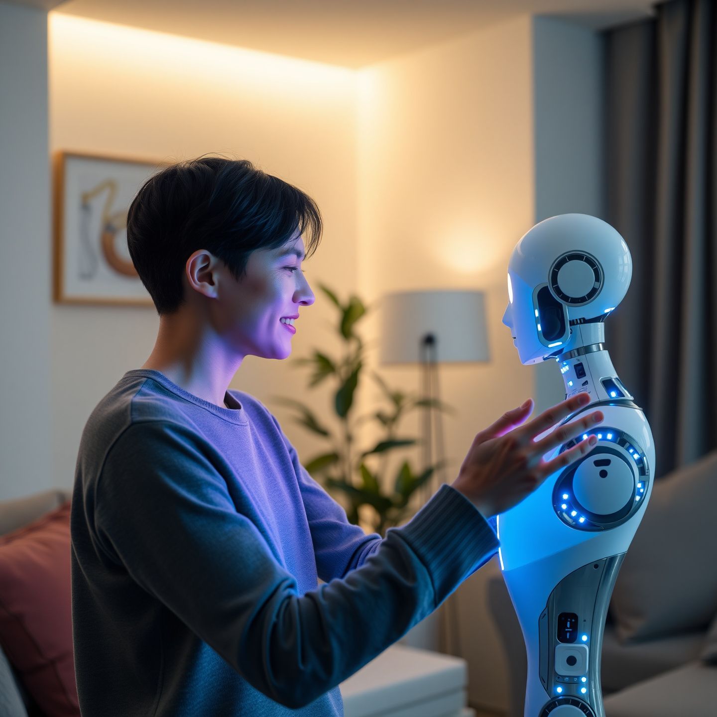A person engaging with an advanced AI companion a sophisticated digital entity with a soft glow in a modern home environment showcasing seamless and personal human AI interaction powered by natural language processing and machine learning