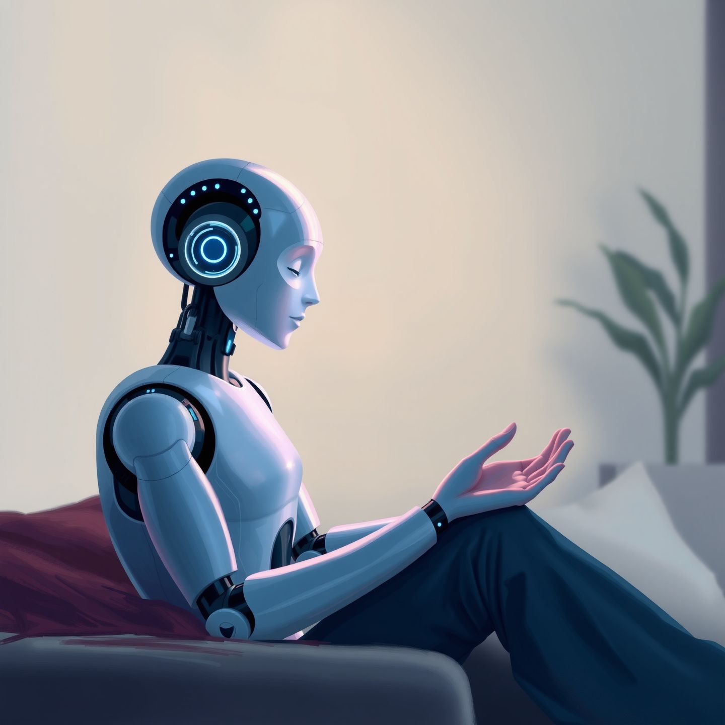 A digital painting of an AI companion exhibiting emotional intelligence and memory engaging in a deep context aware conversation with a user fostering intimacy and genuine connection in a modern minimalist interior