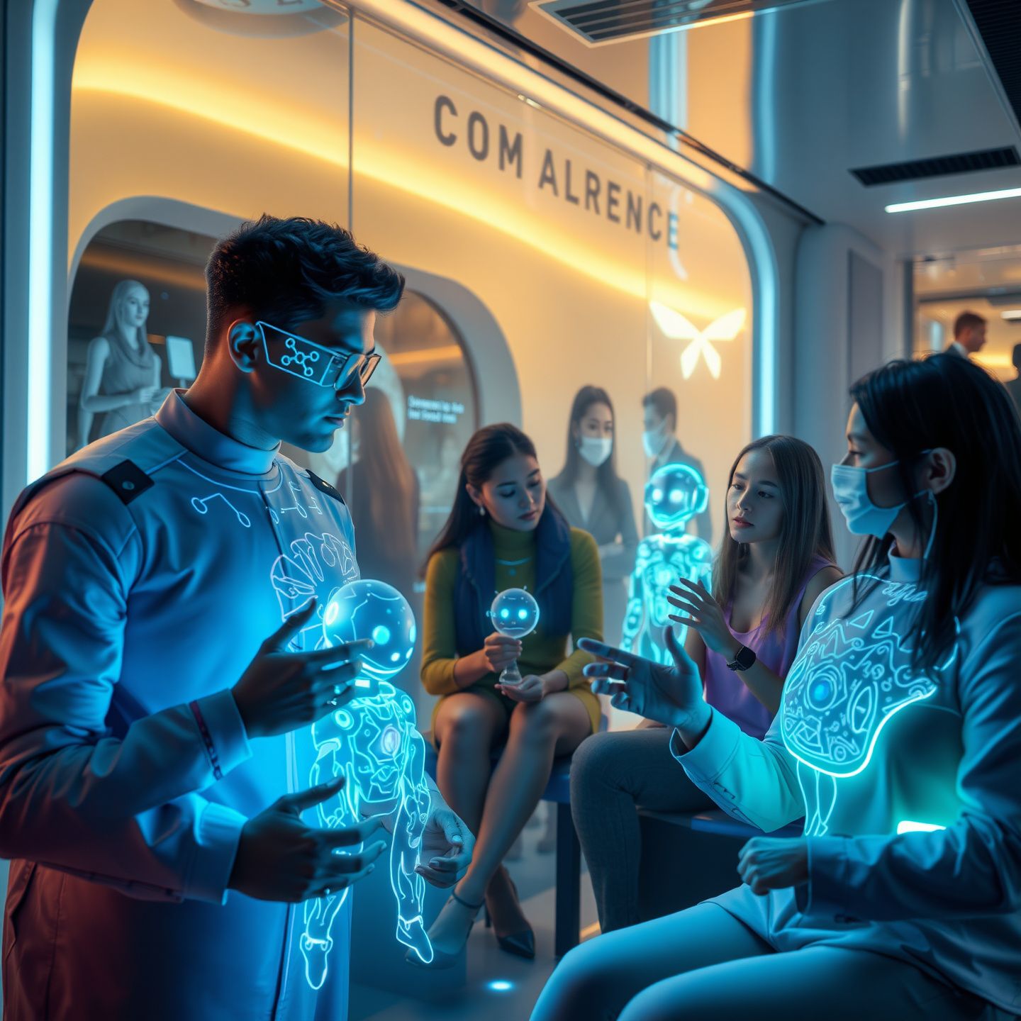 A futuristic scene showing diverse individuals interacting with glowing holographic AI companions in various settings reflecting connection and support within a sleek digital environment