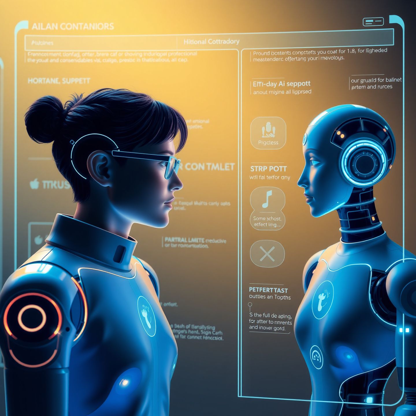 A futuristic digital interface showing a seamless human-computer interaction with AI companions evolving from simple chatbots to sophisticated entities offering emotional support and personalized connections