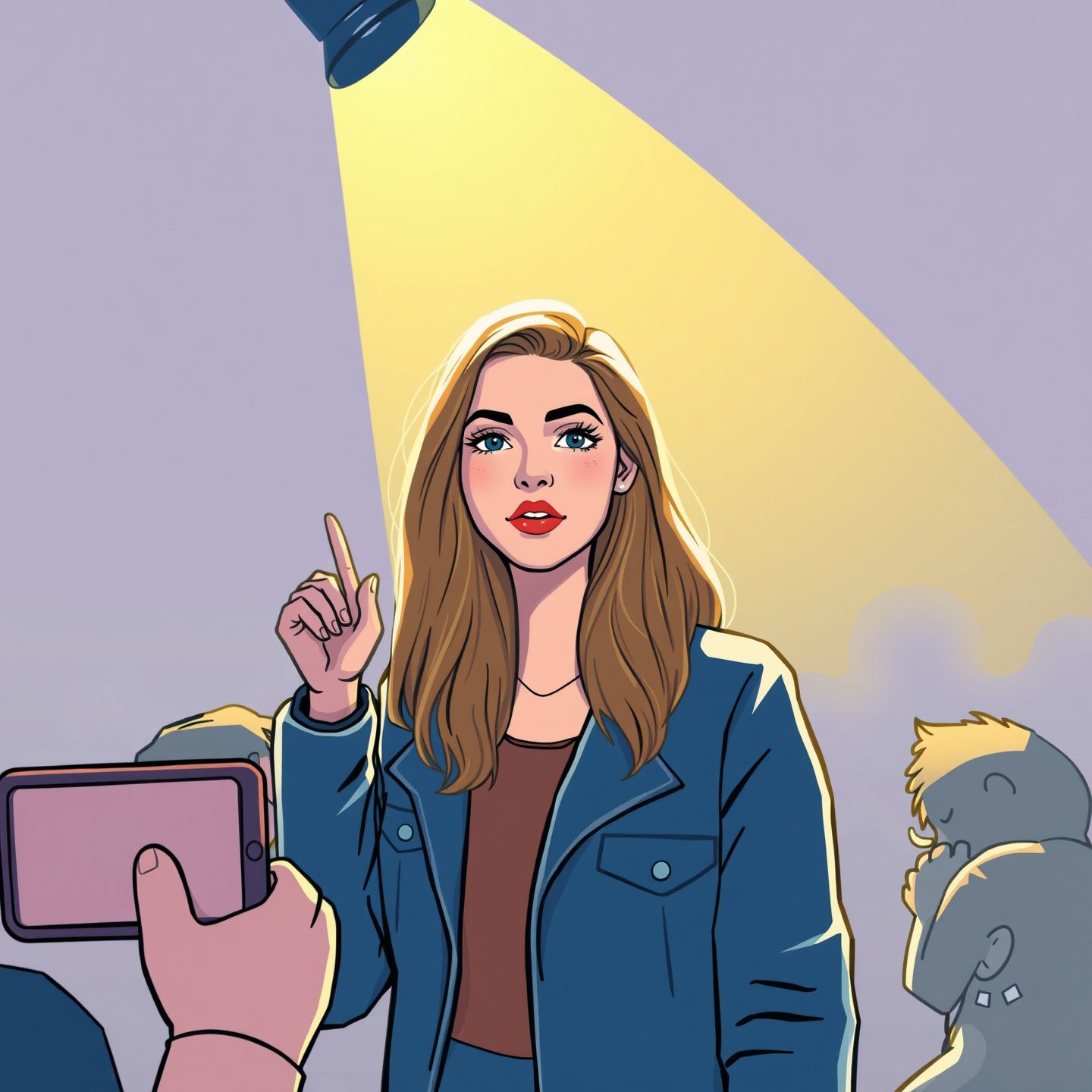 An illustration of Katie Sigmond as a social media influencer commanding public attention with a spotlight on her representing intense scrutiny and digital connectivity surrounding her in a modern celebrity culture setting emphasizing online privacy and a digital footprint