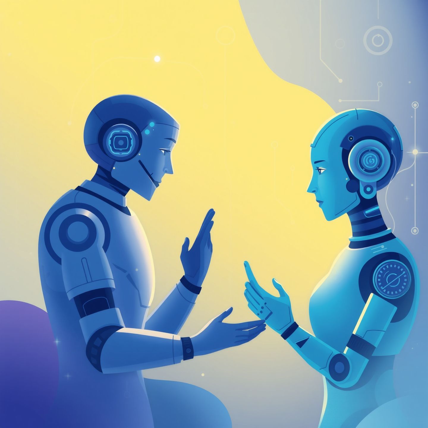 An abstract illustration depicting the evolution of digital companionship from simple chatbots to advanced AI entities showing nuanced interaction and emotional depth with users in a futuristic setting