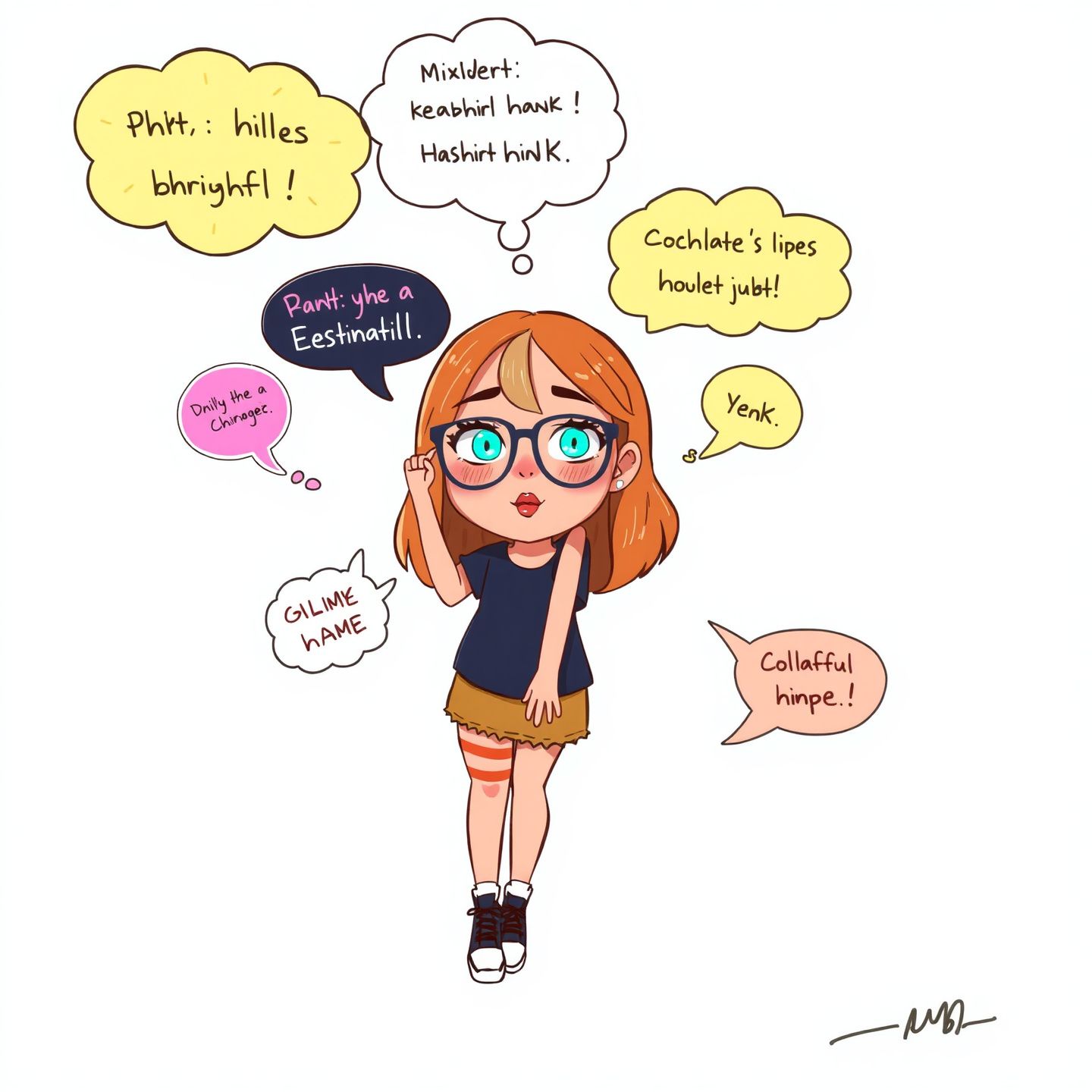 Stylized view of ellybabyxoxo surrounded by thought and speech bubbles highlighting her online persona