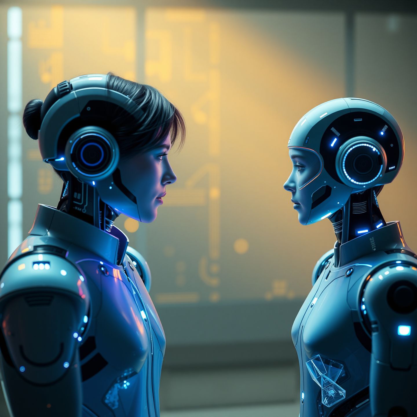 A futuristic setting where individuals interact seamlessly with advanced AI companions illustrating the blend of psychology technology and ethics in their evolving connections