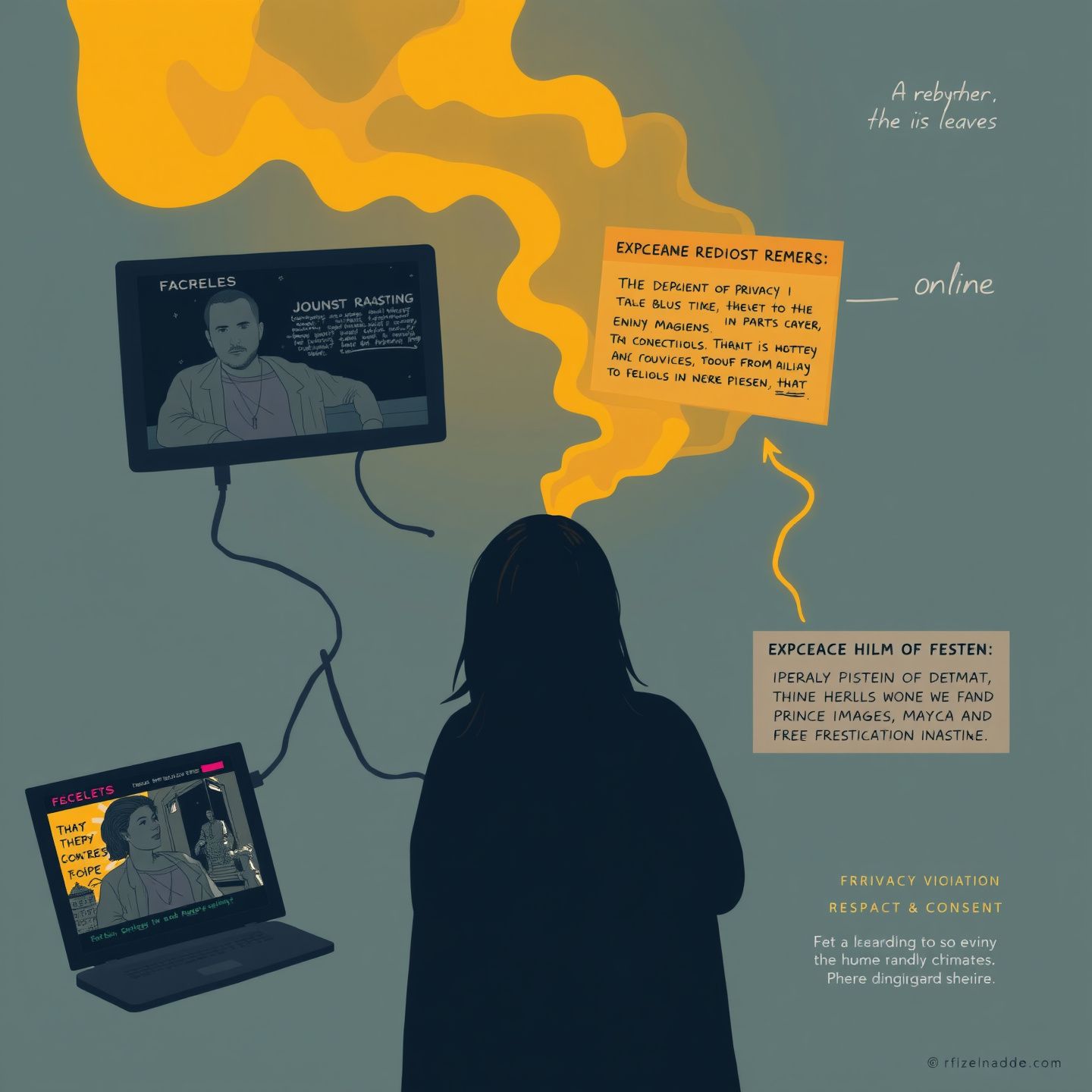 A conceptual illustration depicting the darker facets of the digital realm with leaked content and online rumors showing unauthorized private images and speculative narratives highlighting privacy violations emotional and reputational harm undermining respect and consent