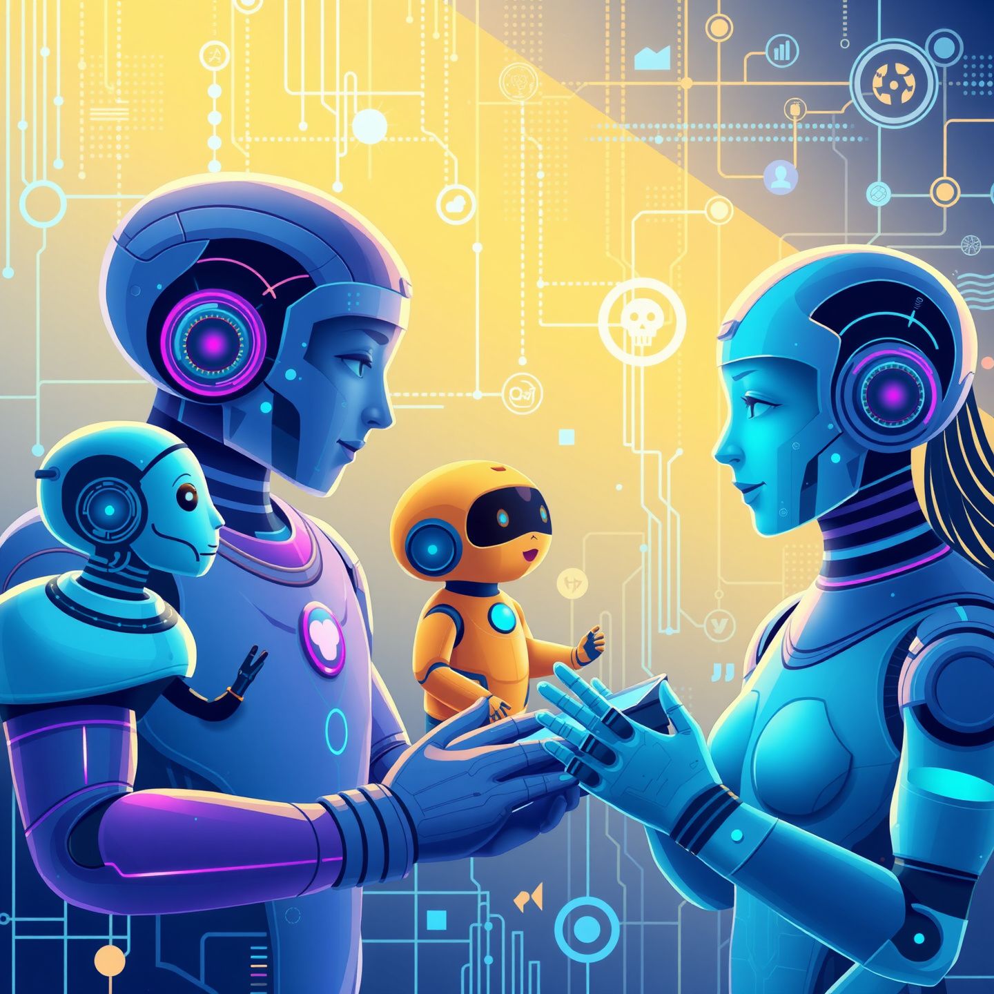 A futuristic digital landscape showing various AI companions interacting with users in a personalized and emotionally intelligent manner with data streams and machine learning algorithms in the background a vibrant and detailed illustration