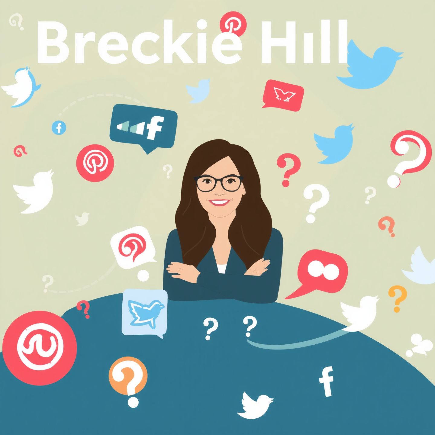 A stylized digital landscape with a prominent influencer Breckie Hill at the center surrounded by swirling social media icons and question marks representing online rumors and discussions her image clear and confident amidst the digital noise