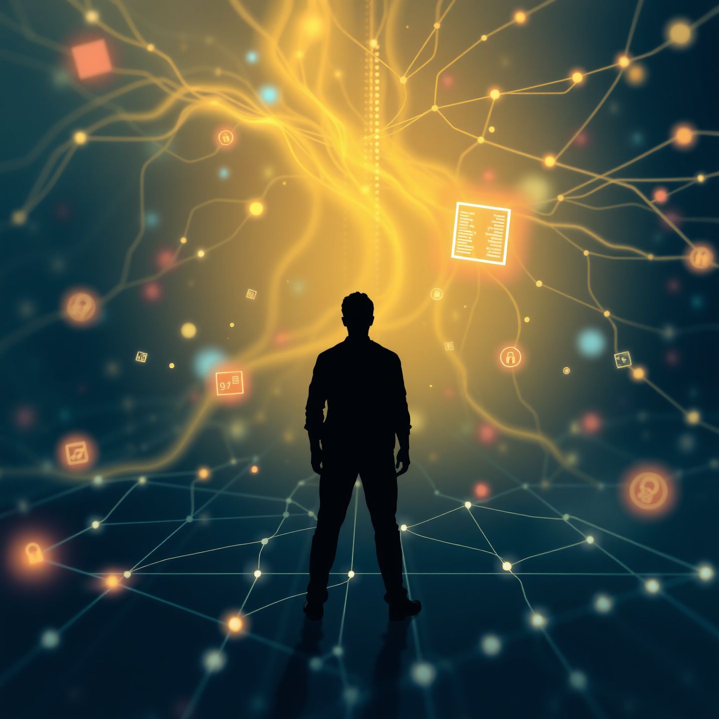 An abstract illustration depicting the internet as a vast interconnected web with blurred lines between public and private spaces a digital silhouette of a person stands at the center surrounded by floating data fragments and glowing ethical dilemmas representing digital privacy challenges