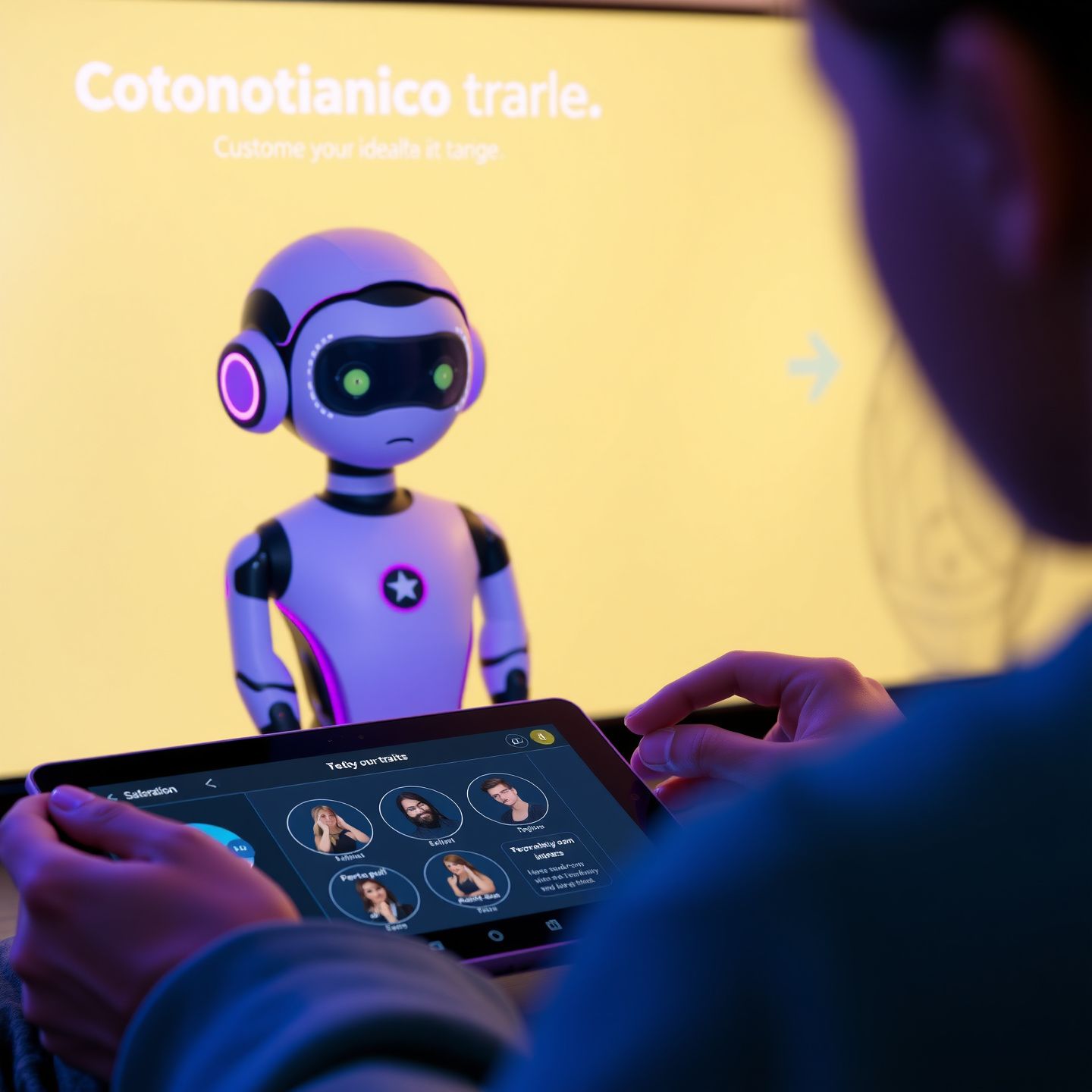 A user customizing their ideal AI companion on a sleek tablet interface with options for personality traits interests and engaging in dynamic roleplay scenarios in a vibrant digital world