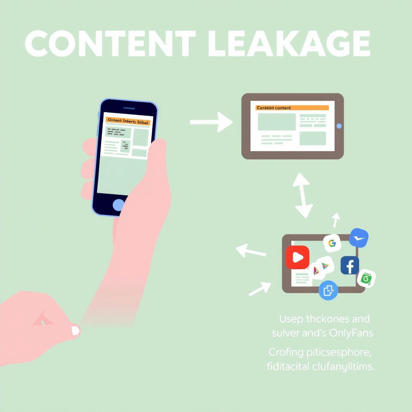 A stylized illustration depicting various methods of content leakage including a hand holding a smartphone screen recording another device showing OnlyFans content with digital arrows pointing to different sharing platforms highlighting user behavior and digital vulnerabilities