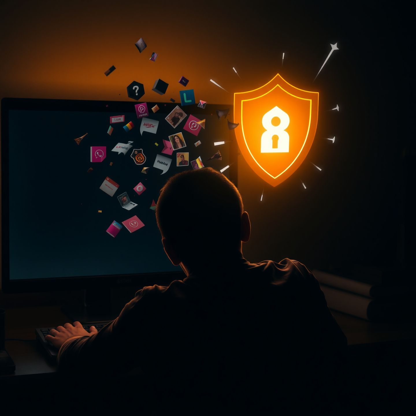 A distressed creator sitting in front of a glowing computer screen with fragmented personal content visually spilling out representing unauthorized leaks while a subtle digital shield begins to form around them symbolizing protection and empowerment