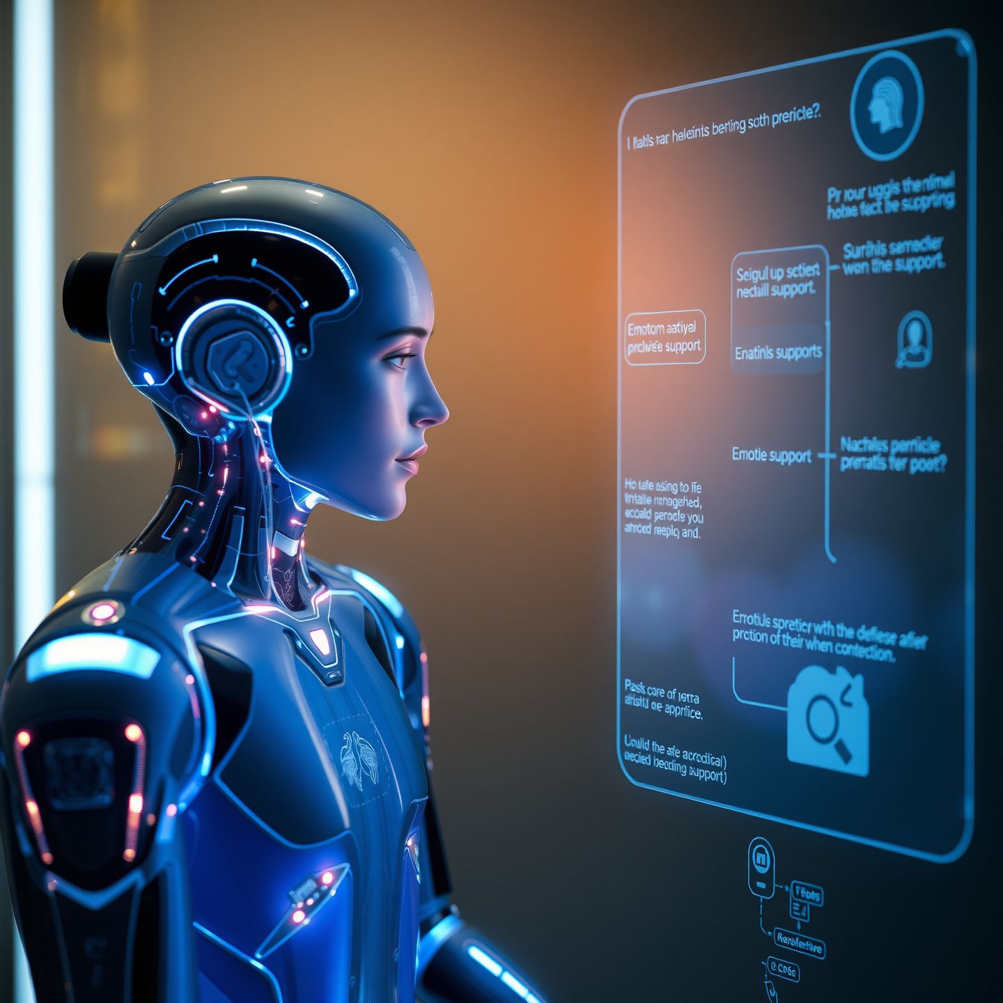 A futuristic digital entity interacting with a person through holographic interfaces showing nuanced conversations and emotional support in a safe space with advanced machine learning visuals