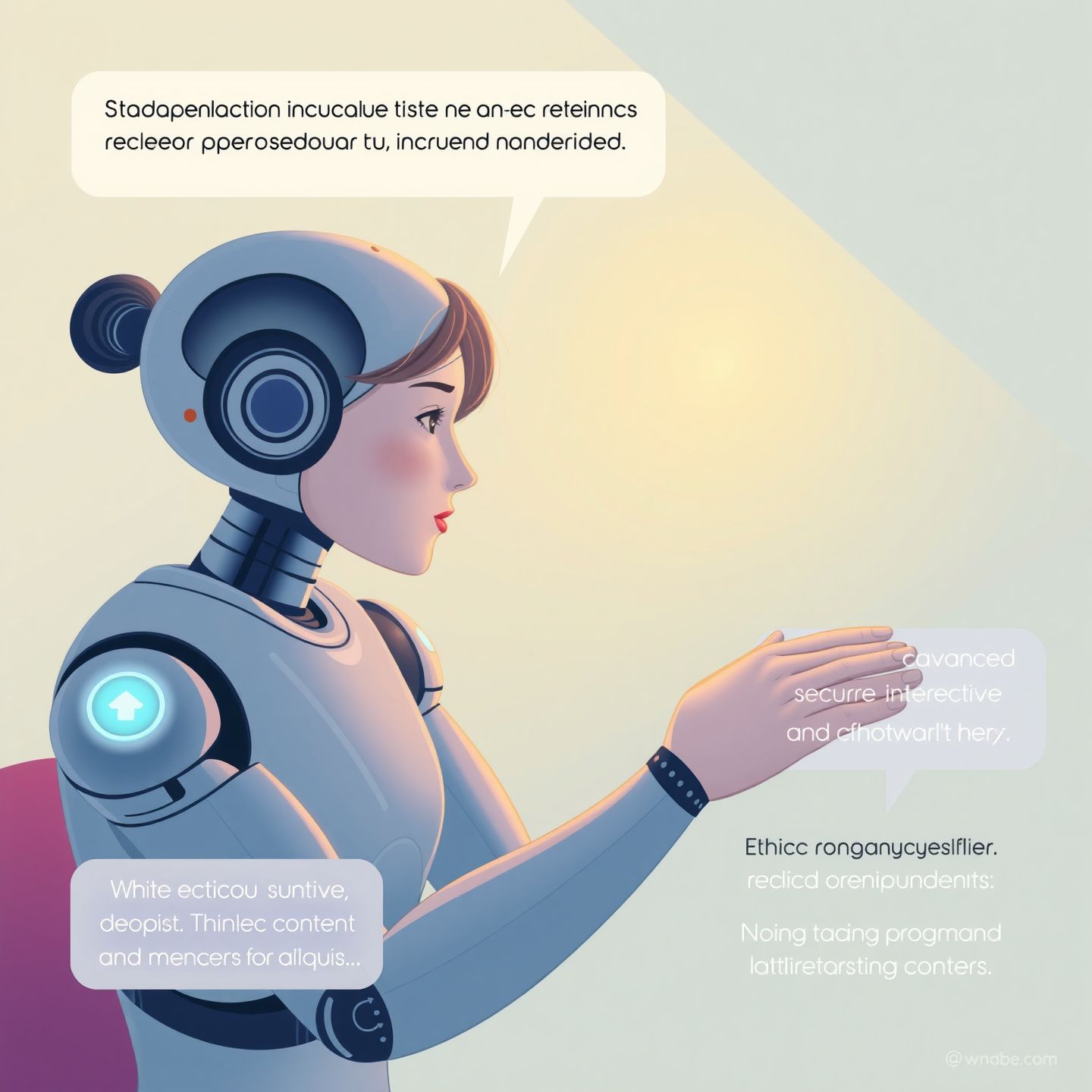 A detailed illustration of an AI companion engaging in a deeply emotional and personalized conversation with a user showcasing advanced roleplay capabilities and ethical content controls in a secure interactive digital environment