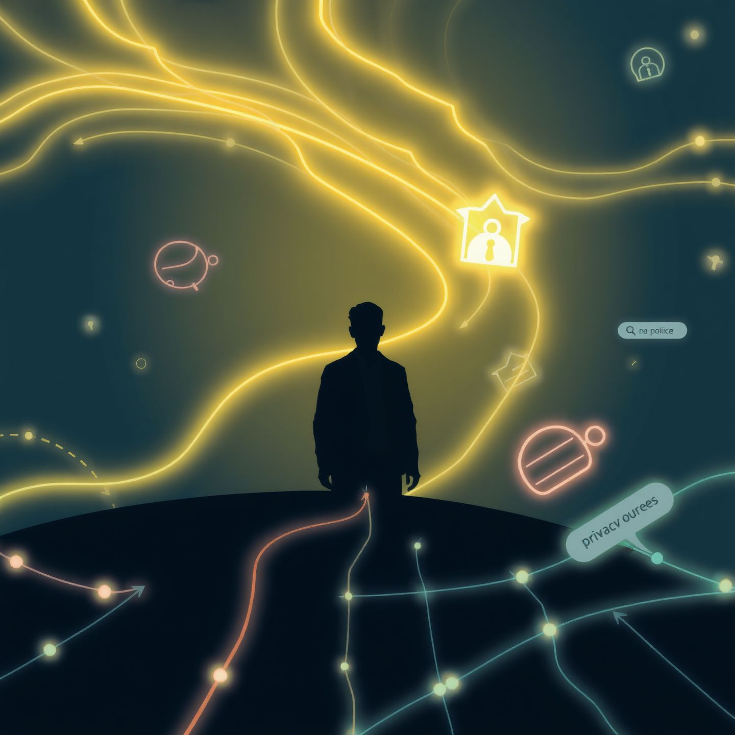 Digital landscape illustration showing data flow and privacy barriers around a public figure like Gali Golan amid swirling search queries