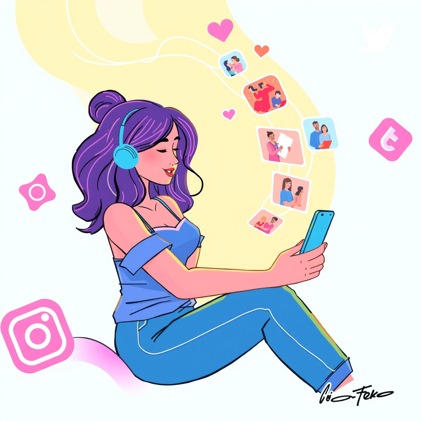 Ellybabyxoxo engaging with short-form videos on a TikTok-like interface amid social media icons