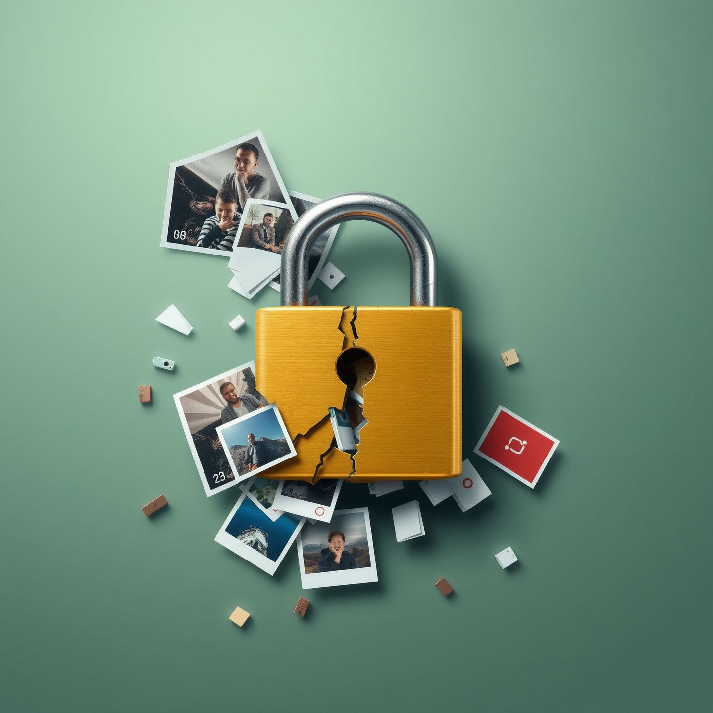 A visual metaphor of a digital lock breaking apart with private photos videos and documents spilling out representing leaked content without consent various channels of unauthorized sharing like malicious intent and accidental oversight are subtly hinted at creating challenges for digital security