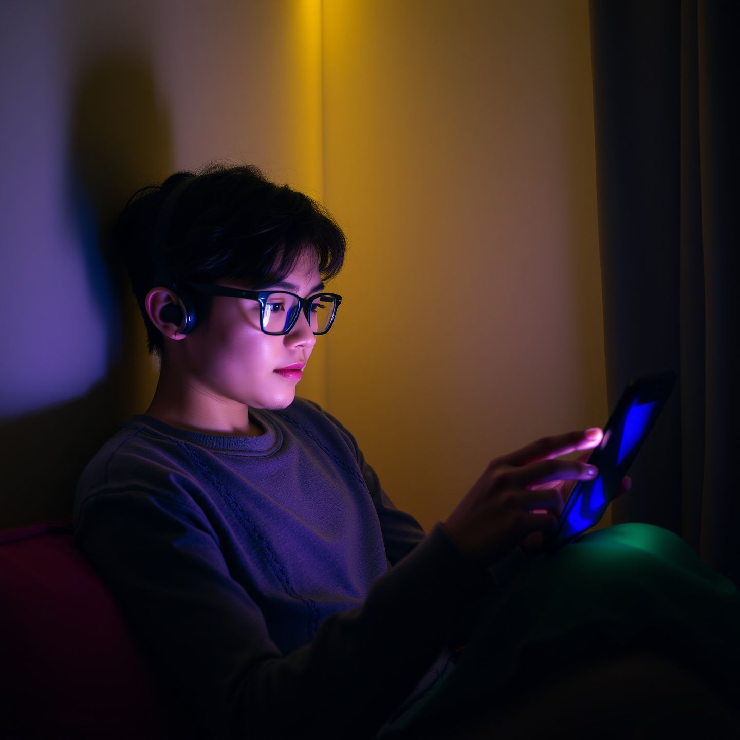 A person immersed in a personalized digital experience exploring creative outlets and companionship through technology in a private and comfortable setting reflecting individual preferences and self exploration with a sense of wonder