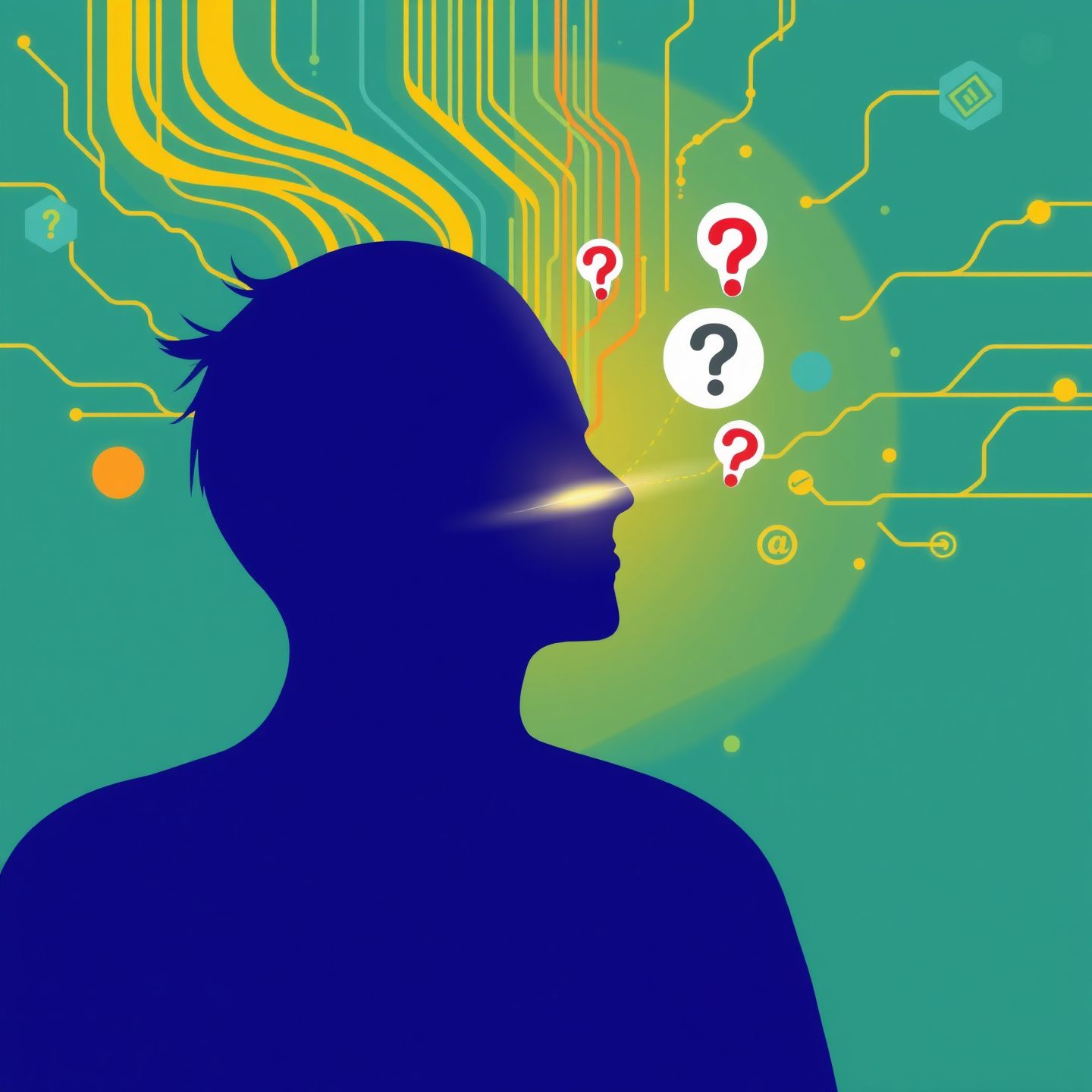 A vibrant illustration showing a person's silhouette merging with digital streams and data a visible line between public and private is blurring with curiosity symbols hovering around ethical decision points in consuming and sharing online information promoting informed digital citizenship